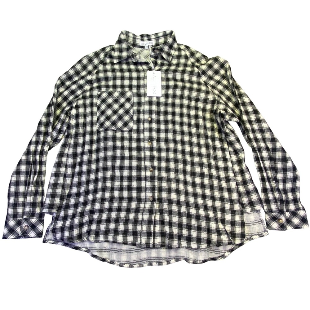 Aemi+Co Flannel Shirt Women's Medium NWT Plaid Long Sleeve Button Down Black Wht